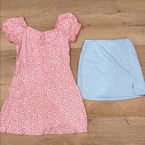 Girls Pink Floral Dress and Blue Gingham Skirt Set lot size 10/12 never worn!